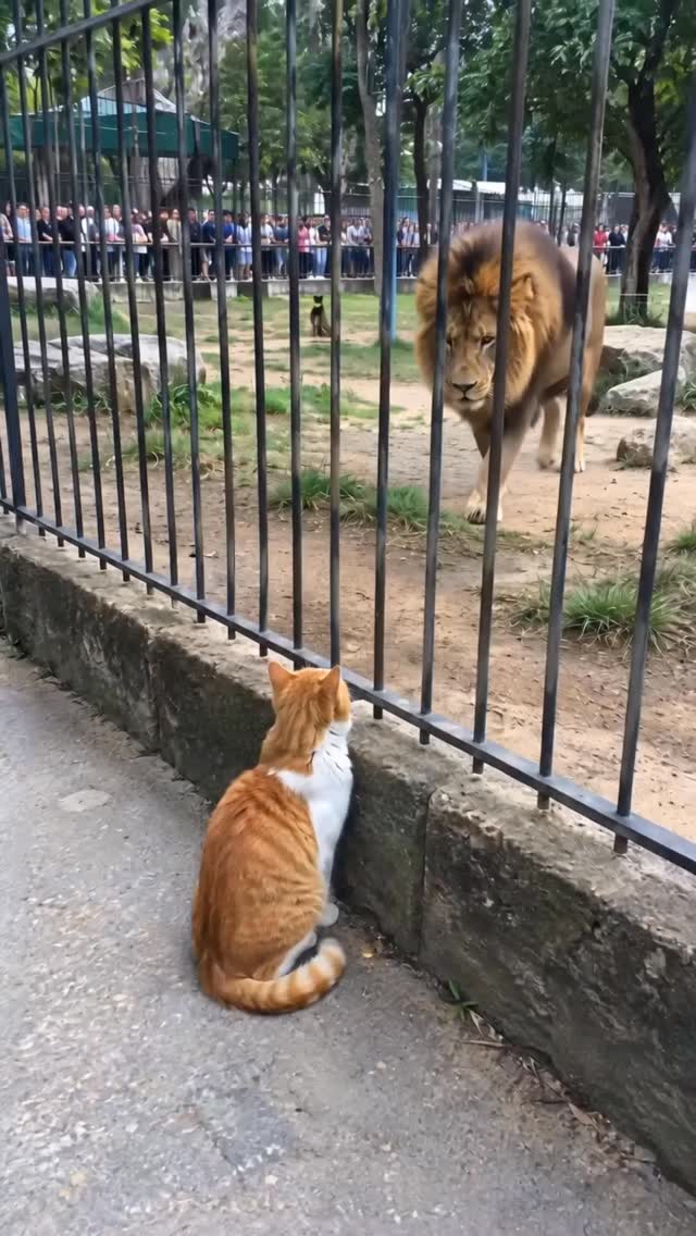 Don’t underestimate the power of a house cat! 🐱🦁 This brave little ginger kitty stood his ground against a roaring lio