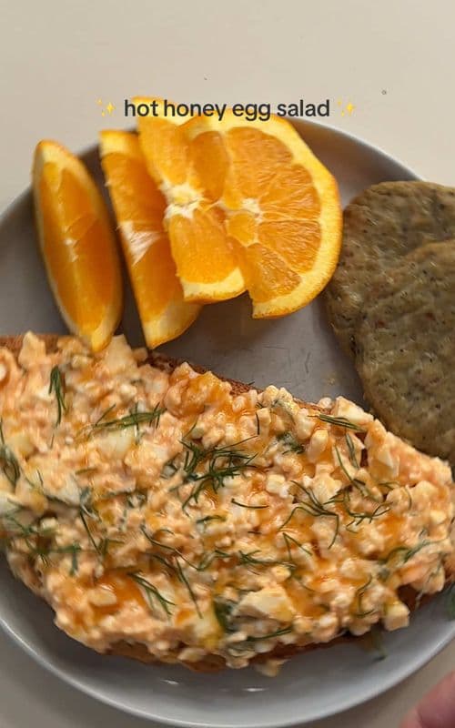 Literally keeps me full for hours.. HOT HONEY EGG SALAD (makes 2-3 servings) — 4 hard boiled eggs — 1/2 cup cottage che