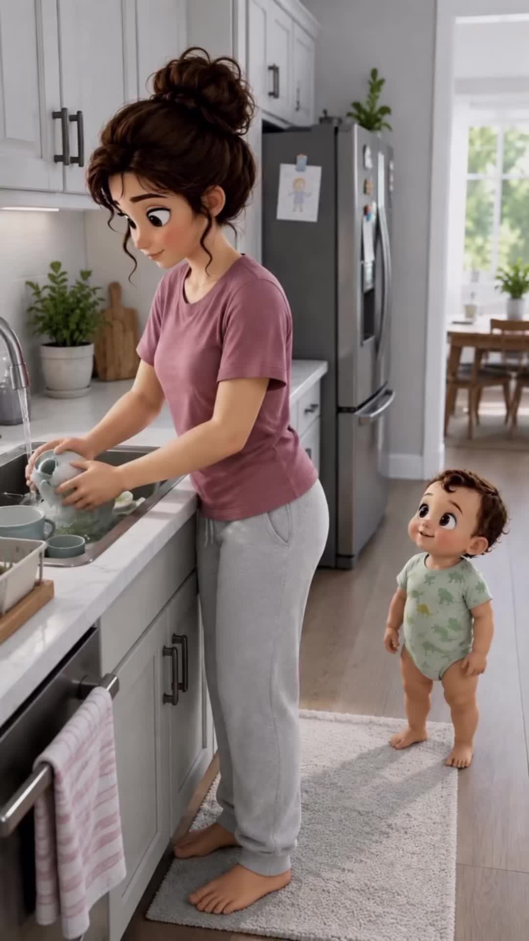 POV: You're just trying to finish the dishes... but your tiny boss has a new request every 30 seconds. 😂🍓📺🥛 And some